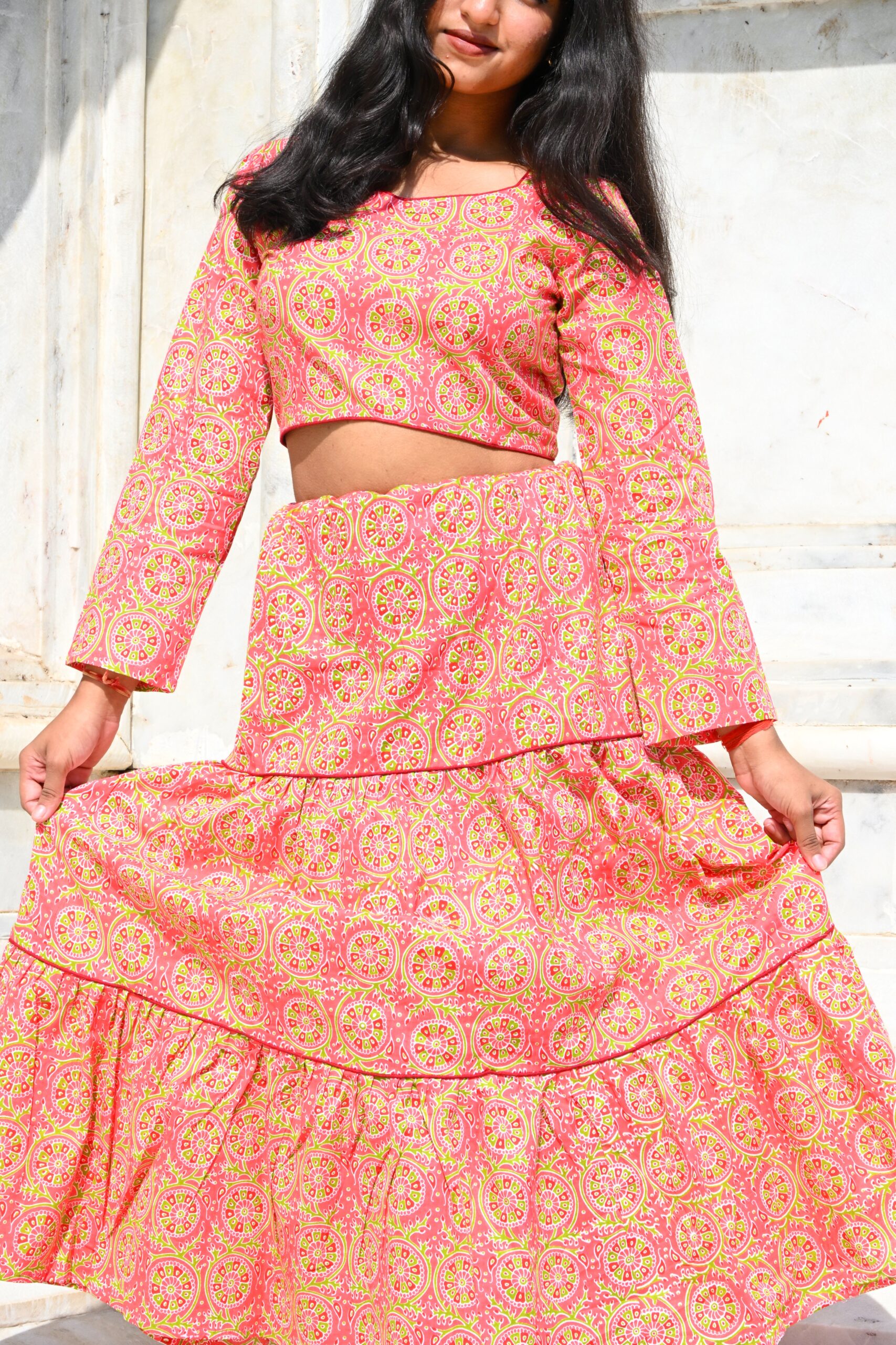 vibrant pink & yellow block print tiered skirt and crop top co ord set vibrant pink & yellow block print tiered skirt and crop top co ord set