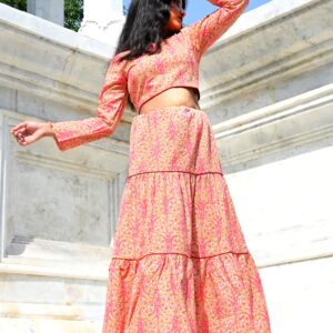 vibrant pink & yellow block print tiered skirt and crop top co ord set