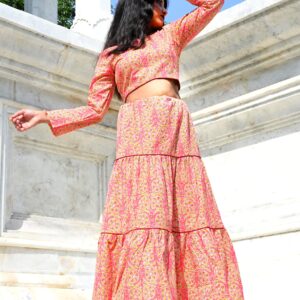 vibrant pink & yellow block print tiered skirt and crop top co ord set vibrant pink & yellow block print tiered skirt and crop top co ord set