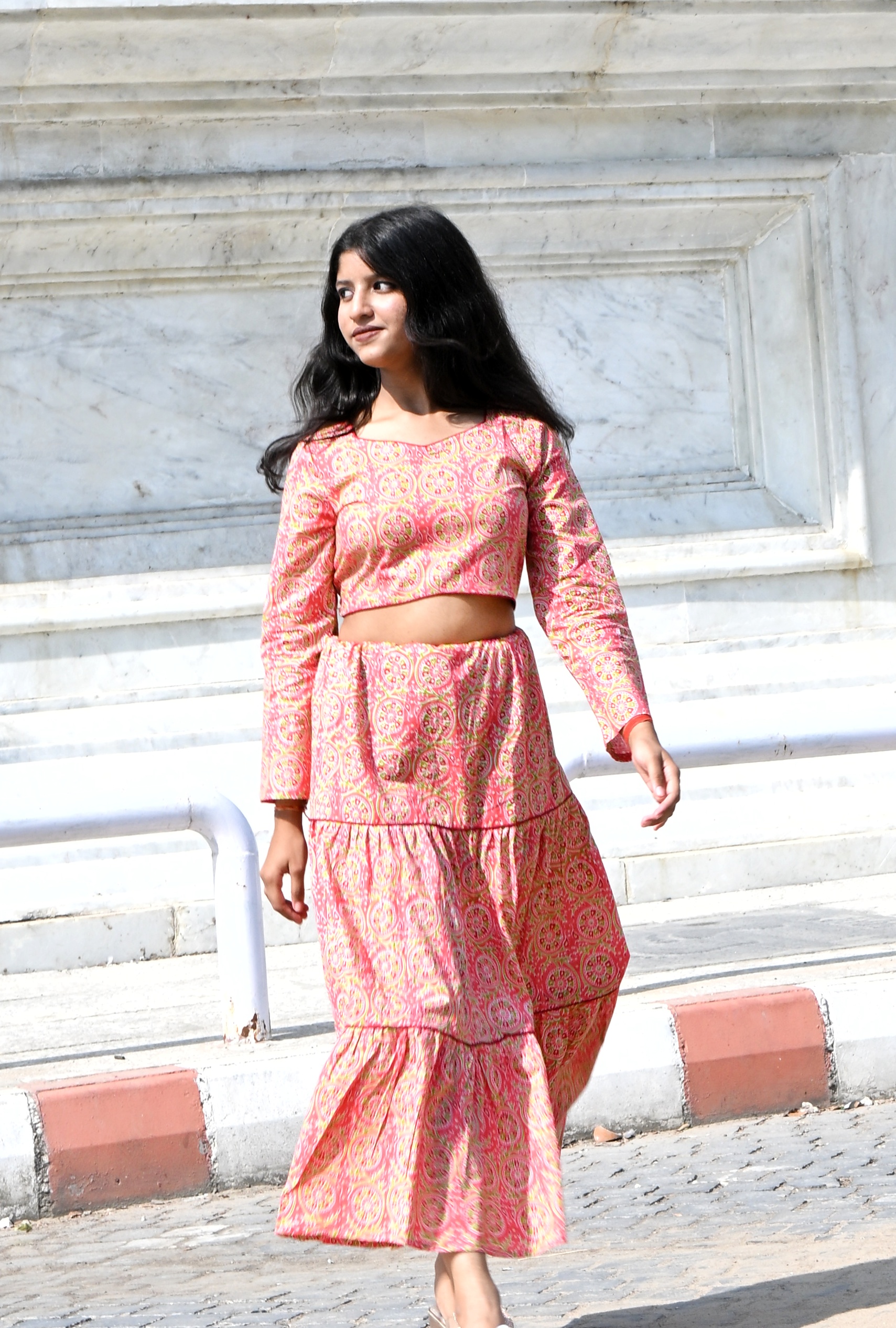 vibrant pink & yellow block print tiered skirt and crop top co ord set vibrant pink & yellow block print tiered skirt and crop top co ord set