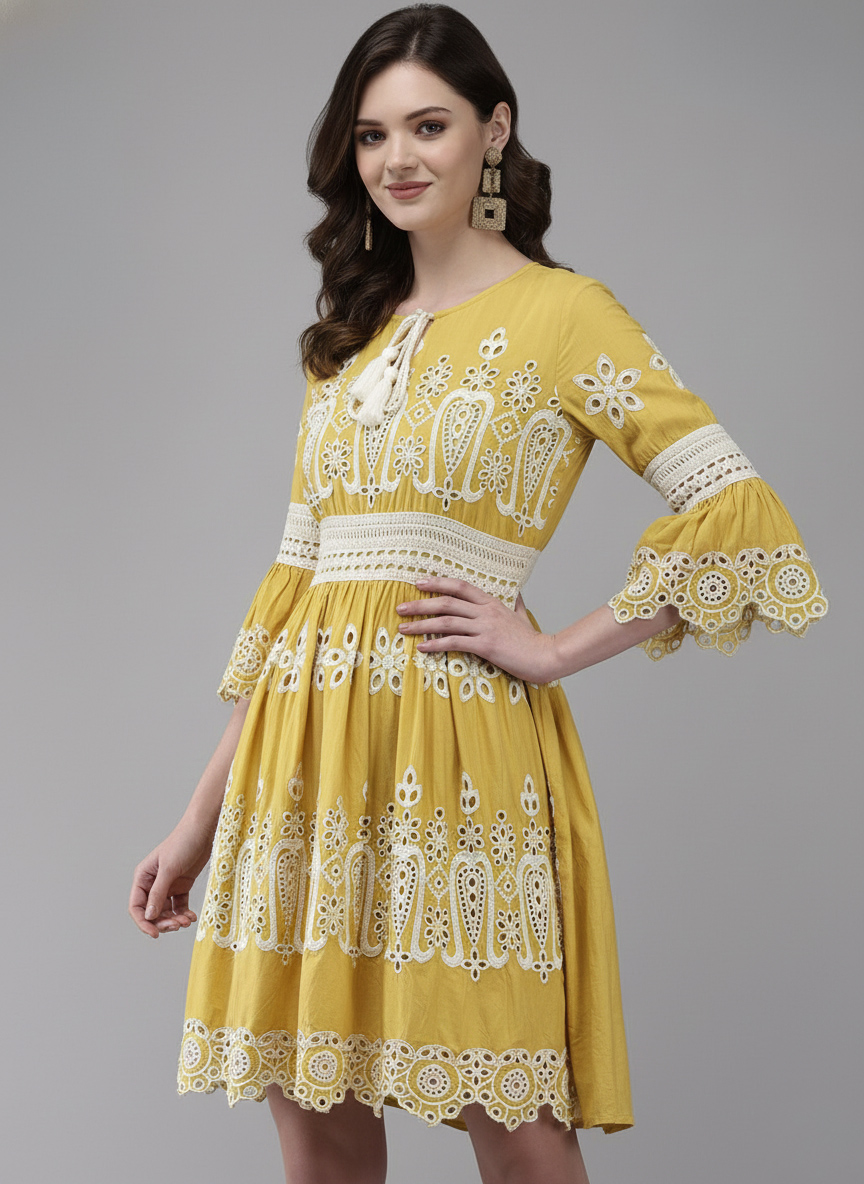 mustard yellow eyelet embroidered mini/knee length dress mustard yellow eyelet embroidered mini/knee length dress