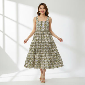 olive green & white print square neck midi dress ,smocked back sleeveless tiered sundress