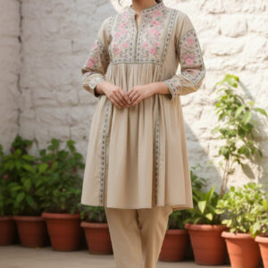 women's khaki cotton kurta with floral embroidery | summer ethnic tunic & trouser set outfit