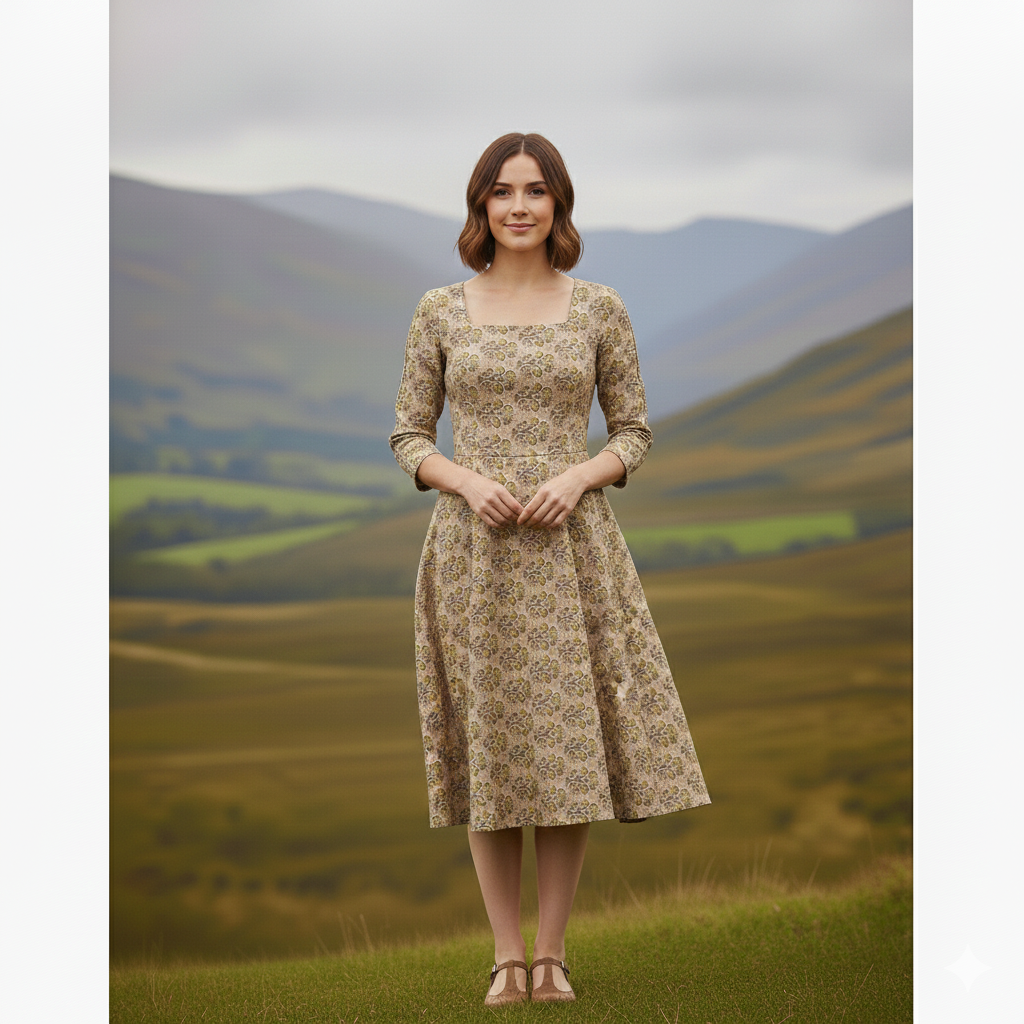 vintage style meadow floral print dress | beige cottagecore midi dress vintage style meadow floral print dress | beige cottagecore midi dress