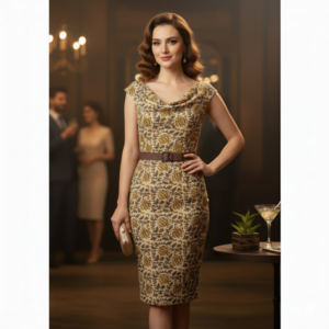 golden botanical print cowl neck cocktail dress