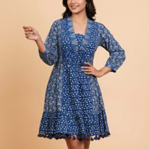 indigo block print cotton mini dress