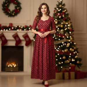 women’s festive ruby red floral maxi dress with satin waist sash | elegant holiday gown
