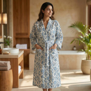 blue floral block print robe, soft cotton kimono dressing gown, lightweight summer bathrobe with pockets, bridesmaid gift, boho loungwear
