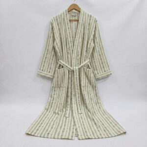 floral block print robe, long cotton kimono, striped sage green & cream bathrobe, lightweight dressing gown, boho loungewear