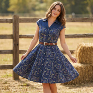 western floral shirt dress blue button down cowgirl dress retro 50s style swing dress knee length country summer dress