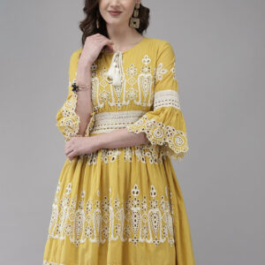 mustard yellow eyelet embroidered mini/knee length dress