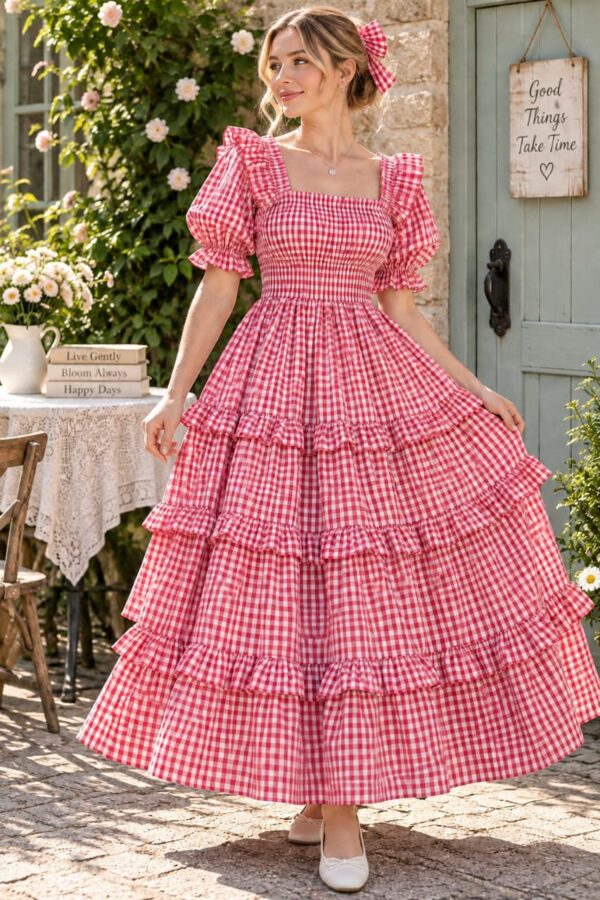 IMG-20260928-WA0023 Women’s Pink Gingham Tiered Maxi Dress
