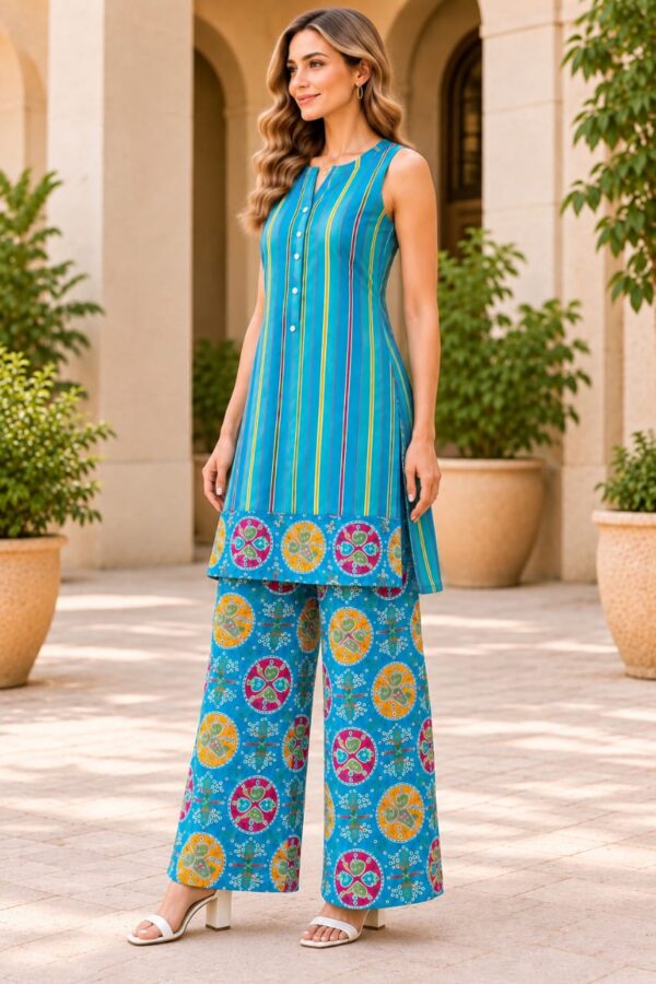 Women’s Turquoise Blue Printed Kurta Co-Ord Set