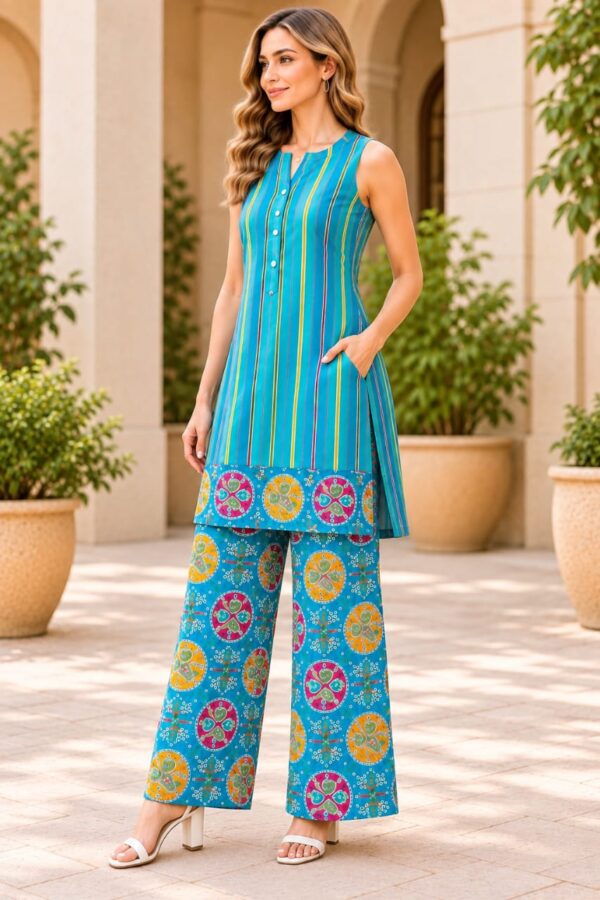 Women’s Turquoise Blue Printed Kurta Co-Ord Set