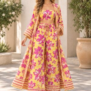Women’s Yellow Pink Floral Three-Piece Co-Ord Set