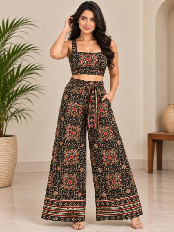 Women’s Black Printed Co-Ord Set with Crop Top & Wide-Leg Pants