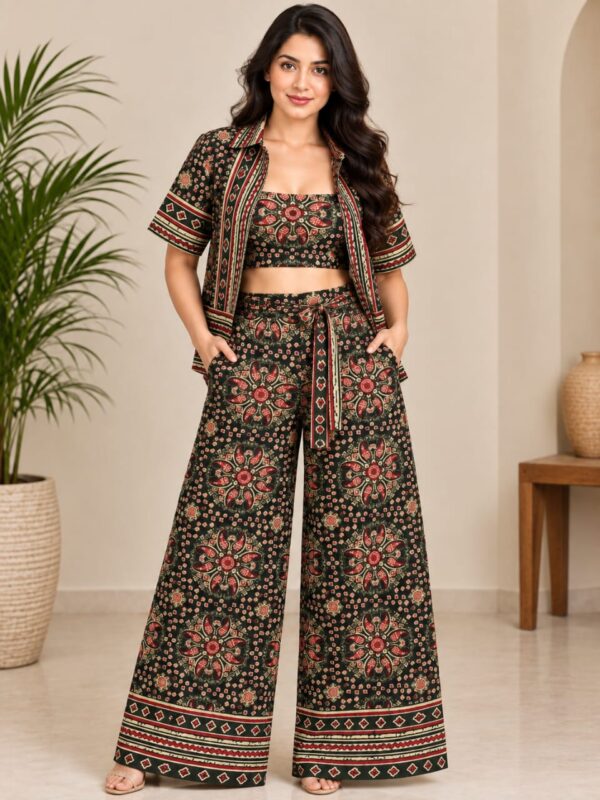 Women’s Black Printed Co-Ord Set with Crop Top & Wide-Leg Pants